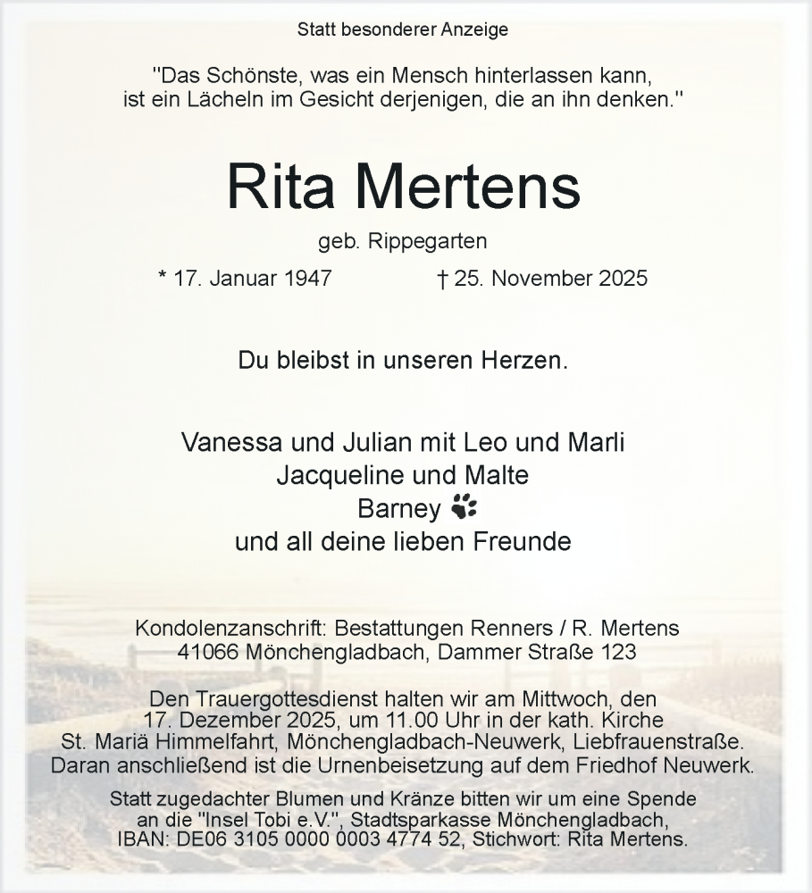  Traueranzeige für Rita Mertens vom 07.12.2025 aus trauer.panorama-anzeigenblatt.de