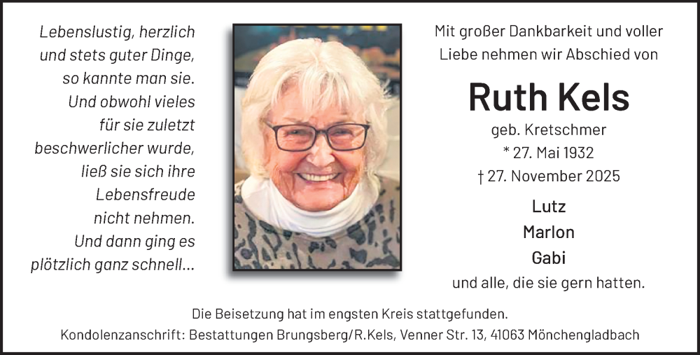  Traueranzeige für Ruth Kels vom 21.12.2025 aus trauer.panorama-anzeigenblatt.de