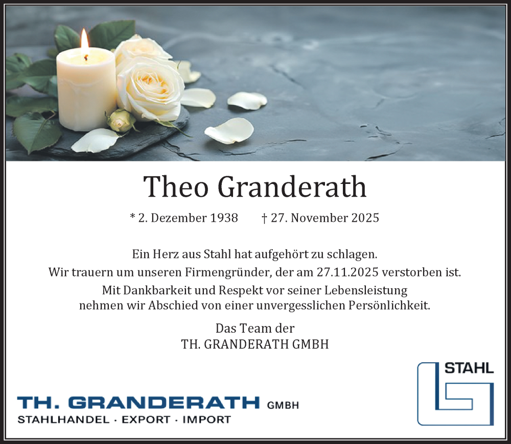  Traueranzeige für Theo Granderath vom 07.12.2025 aus trauer.panorama-anzeigenblatt.de