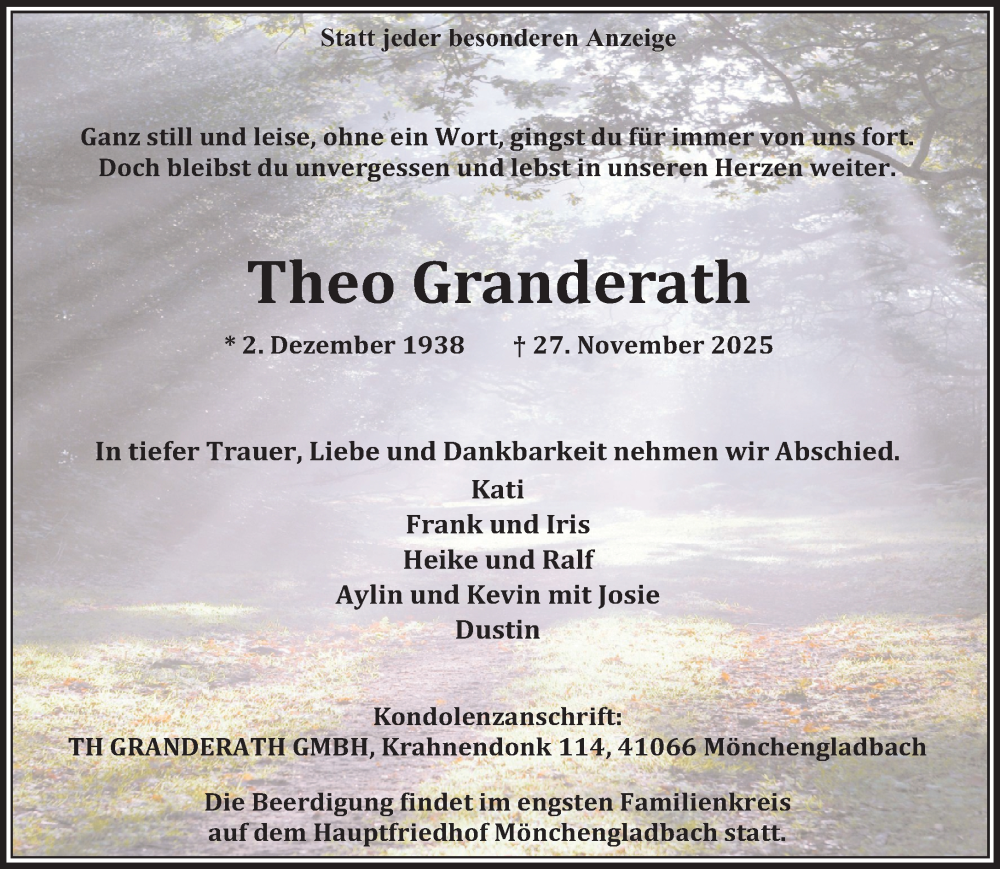  Traueranzeige für Theo Granderath vom 07.12.2025 aus trauer.panorama-anzeigenblatt.de