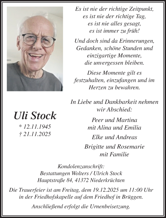 Traueranzeige von Uli Stock von trauer.panorama-anzeigenblatt.de