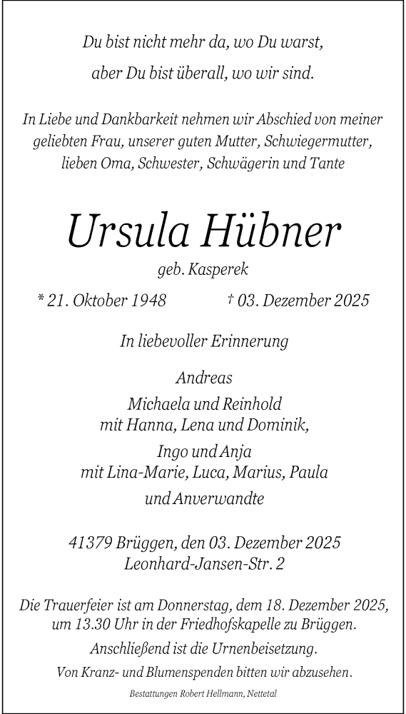  Traueranzeige für Ursula Hübner vom 14.12.2025 aus trauer.panorama-anzeigenblatt.de