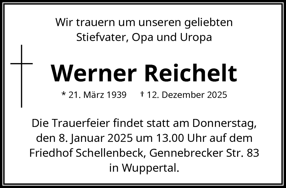  Traueranzeige für Werner Reichelt vom 20.12.2025 aus trauer.wuppertaler-rundschau.de