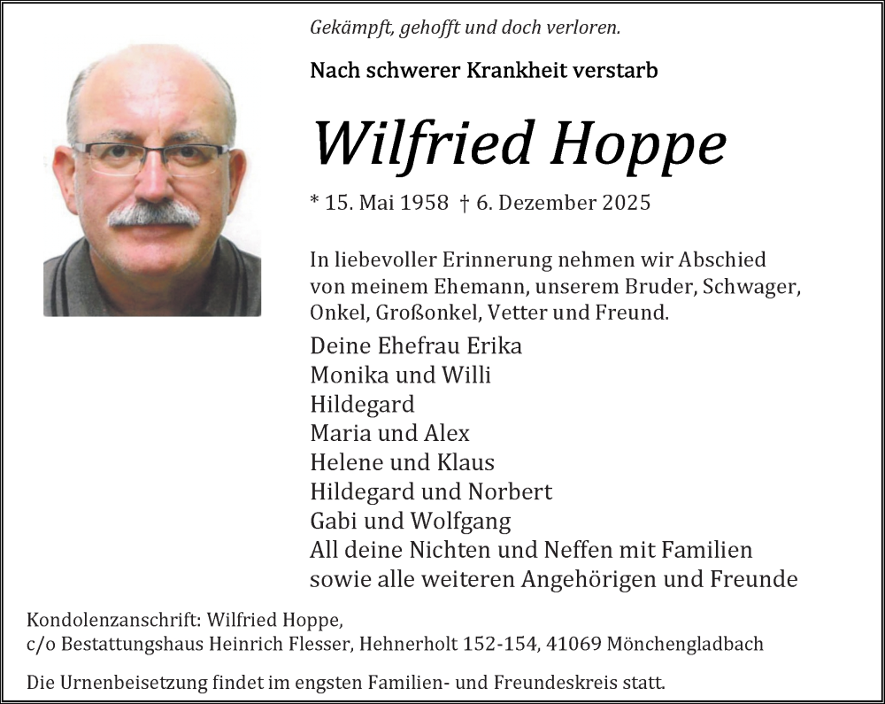  Traueranzeige für Wilfried Hoppe vom 14.12.2025 aus trauer.panorama-anzeigenblatt.de