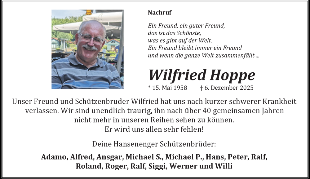  Traueranzeige für Wilfried Hoppe vom 14.12.2025 aus trauer.panorama-anzeigenblatt.de