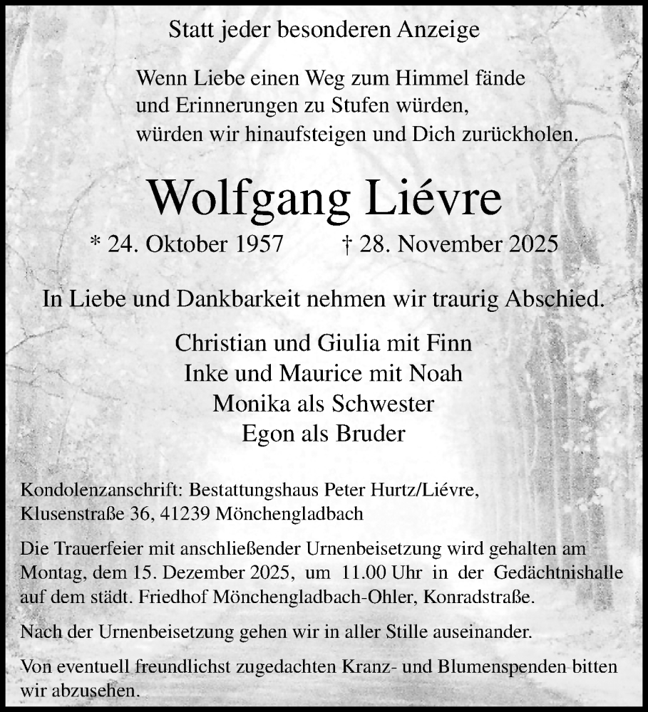 Traueranzeige für Wolfgang Liévre vom 07.12.2025 aus trauer.panorama-anzeigenblatt.de