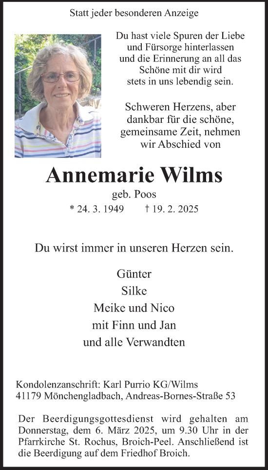 Traueranzeige von Annemarie Wilms von trauer.extra-tipp-moenchengladbach.de
