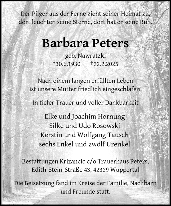 Traueranzeige von Barbara Peters von trauer.wuppertaler-rundschau.de