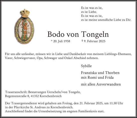 Traueranzeige von Bodo von Tongeln von trauer.extra-tipp-moenchengladbach.de