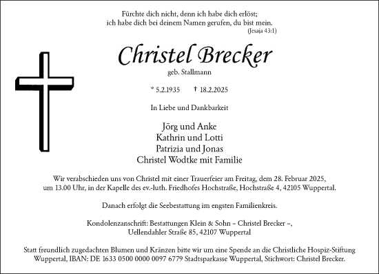 Traueranzeige von Christel Brecker von trauer.wuppertaler-rundschau.de