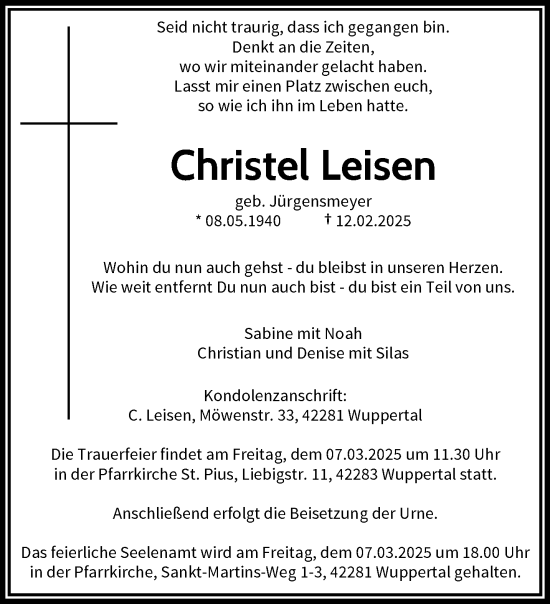 Traueranzeige von Christel Leisen von trauer.wuppertaler-rundschau.de