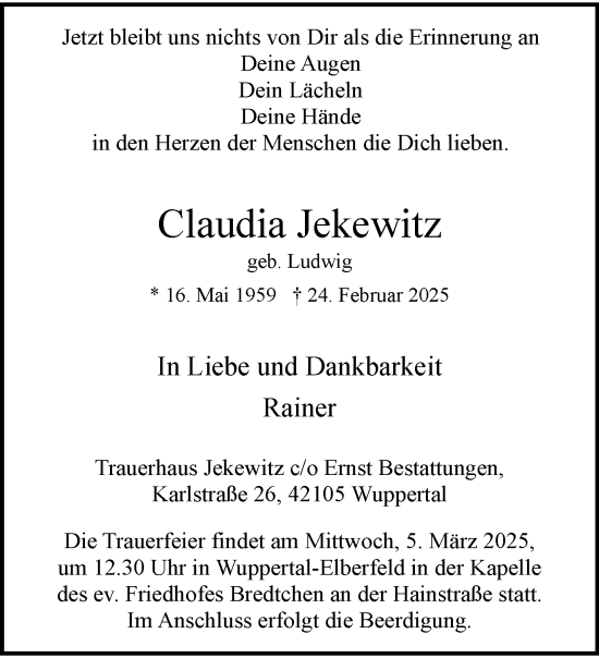 Traueranzeige von Claudia Jekewitz von trauer.wuppertaler-rundschau.de