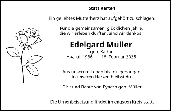 Traueranzeige von Edelgard Müller von trauer.wuppertaler-rundschau.de