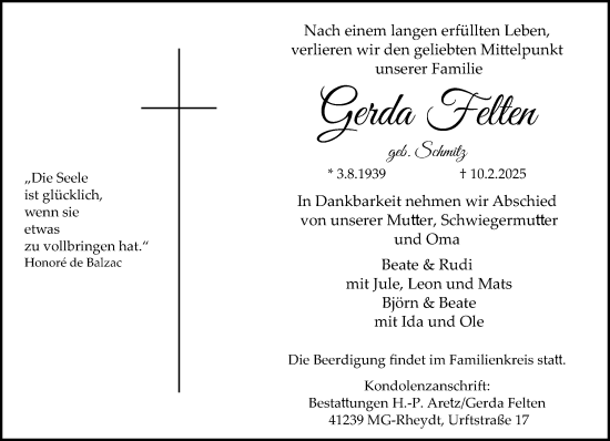 Traueranzeige von Gerda Felten von trauer.extra-tipp-moenchengladbach.de