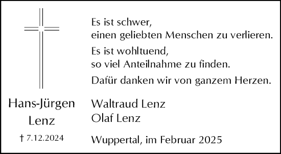 Traueranzeige von Hans-Jürgen Lenz von trauer.wuppertaler-rundschau.de