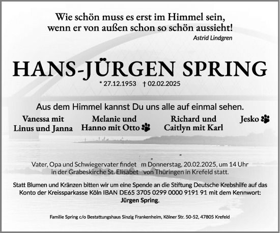 Traueranzeige von Hans-Jürgen Spring von trauer.extra-tipp-moenchengladbach.de