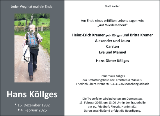 Traueranzeige von Heinz-Erich Köllges von trauer.extra-tipp-moenchengladbach.de