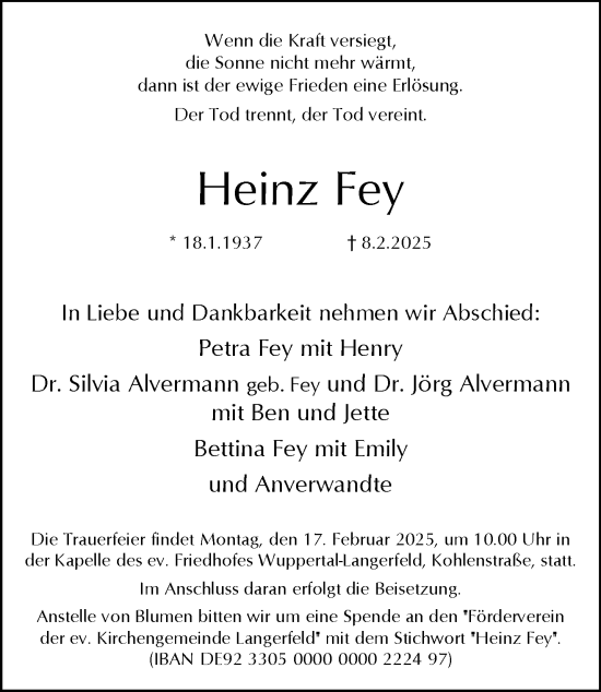 Traueranzeige von Heinz Fey von trauer.wuppertaler-rundschau.de