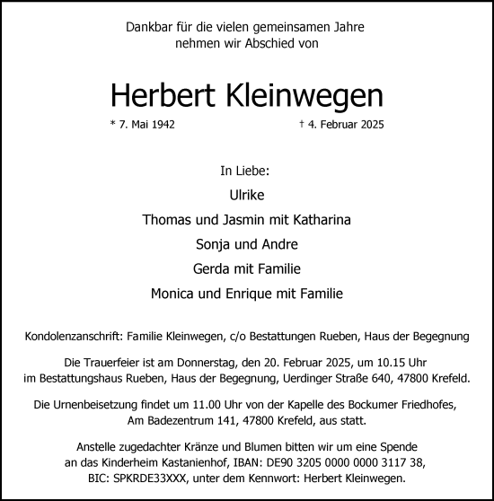 Traueranzeige von Herbert Kleinwegen von trauer.extra-tipp-moenchengladbach.de