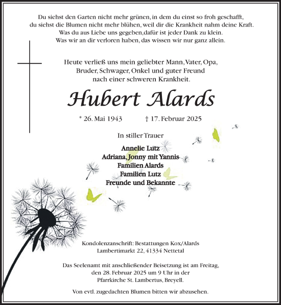 Traueranzeige von Hubert Alards von trauer.extra-tipp-moenchengladbach.de