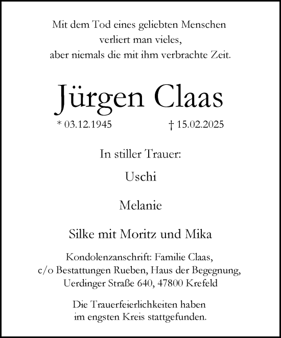 Traueranzeige von Jürgen Claas von trauer.extra-tipp-moenchengladbach.de