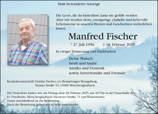 Traueranzeige von Manfred Fischer von trauer.extra-tipp-moenchengladbach.de