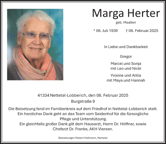 Traueranzeige von Marga Herter von trauer.extra-tipp-moenchengladbach.de