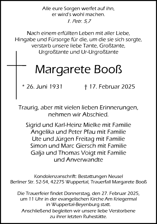 Traueranzeige von Margarete Booß von trauer.wuppertaler-rundschau.de