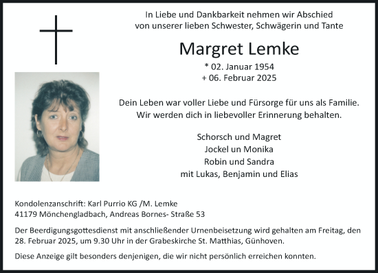 Traueranzeige von Margret Lemke von trauer.extra-tipp-moenchengladbach.de