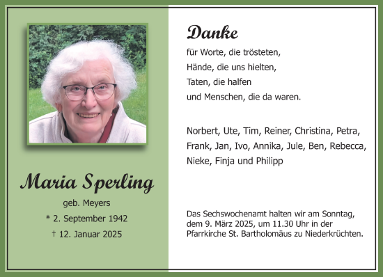 Traueranzeige von Maria Sperling von trauer.extra-tipp-moenchengladbach.de