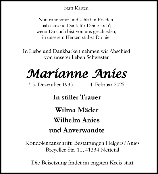 Traueranzeige von Marianne Anies von trauer.extra-tipp-moenchengladbach.de