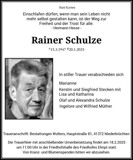 Traueranzeige von Rainer Schulze von trauer.extra-tipp-moenchengladbach.de