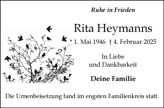 Traueranzeige von Rita Heymanns von trauer.extra-tipp-moenchengladbach.de