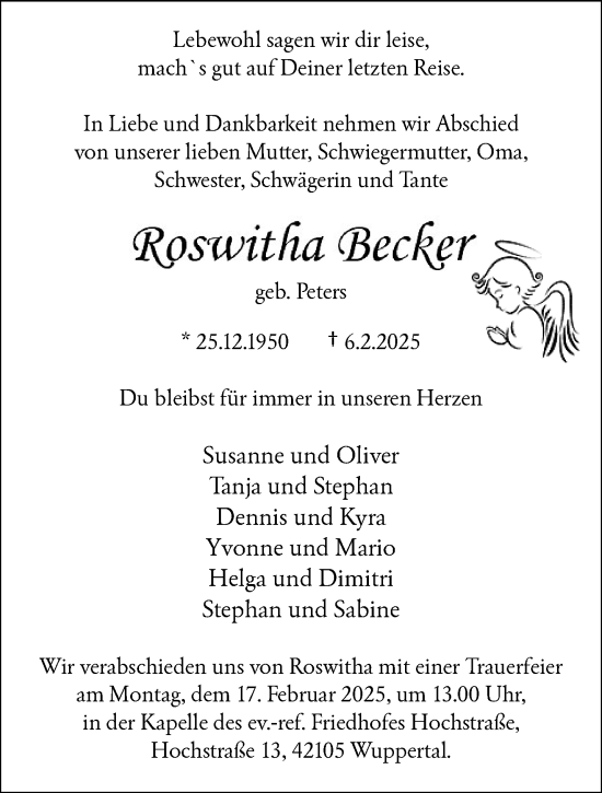 Traueranzeige von Roswitha Becker von trauer.wuppertaler-rundschau.de