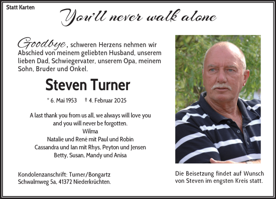 Traueranzeige von Steven Turner von trauer.extra-tipp-moenchengladbach.de