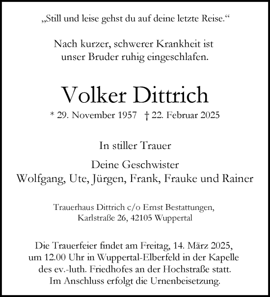 Traueranzeige von Volker Dittrich von trauer.wuppertaler-rundschau.de