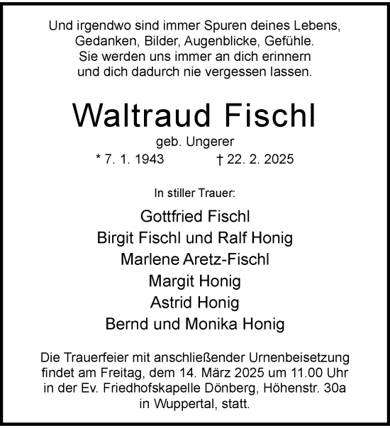 Traueranzeige von Waltraud Fischl von trauer.wuppertaler-rundschau.de