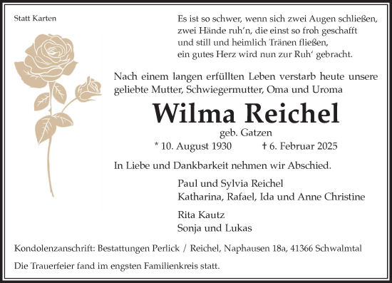 Traueranzeige von Wilma Reichel von trauer.extra-tipp-moenchengladbach.de