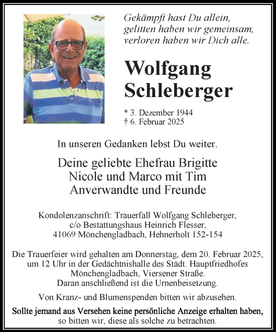 Traueranzeige von Wolfgang Schleberger von trauer.extra-tipp-moenchengladbach.de