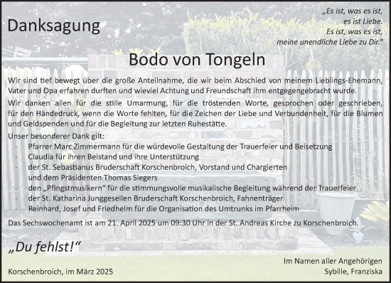 Traueranzeige von Bodo von Tongeln von trauer.extra-tipp-moenchengladbach.de