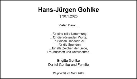 Traueranzeige von Hans-Jürgen Gohlke von trauer.wuppertaler-rundschau.de