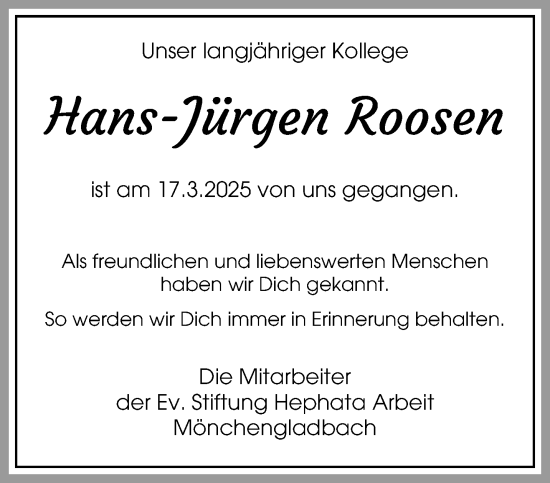 Traueranzeige von Hans-Jürgen Roosen von trauer.extra-tipp-moenchengladbach.de