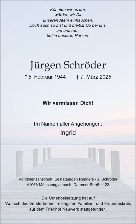 Traueranzeige von Jürgen Schröder von trauer.extra-tipp-moenchengladbach.de
