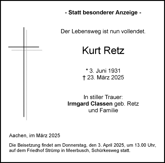 Traueranzeige von Kurt Retz von trauer.extra-tipp-moenchengladbach.de
