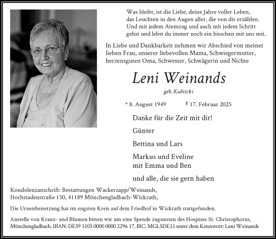 Traueranzeige von Leni Weinands von trauer.extra-tipp-moenchengladbach.de