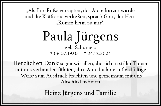 Traueranzeige von Paula Jürgens von trauer.extra-tipp-moenchengladbach.de