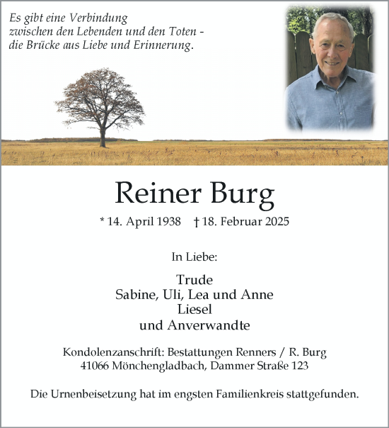 Traueranzeige von Reiner Burg von trauer.extra-tipp-moenchengladbach.de