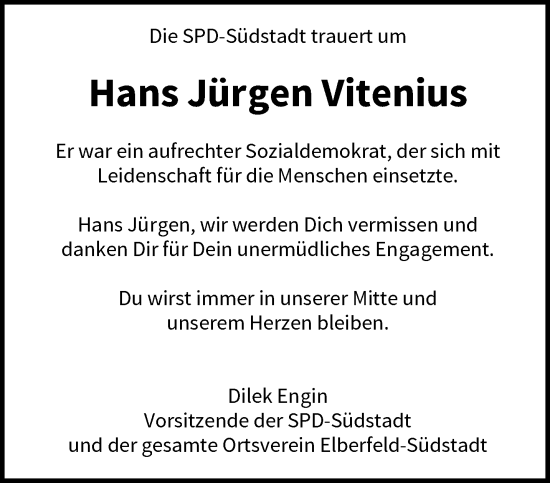 Traueranzeige von Hans Jürgen Vitenius von trauer.wuppertaler-rundschau.de