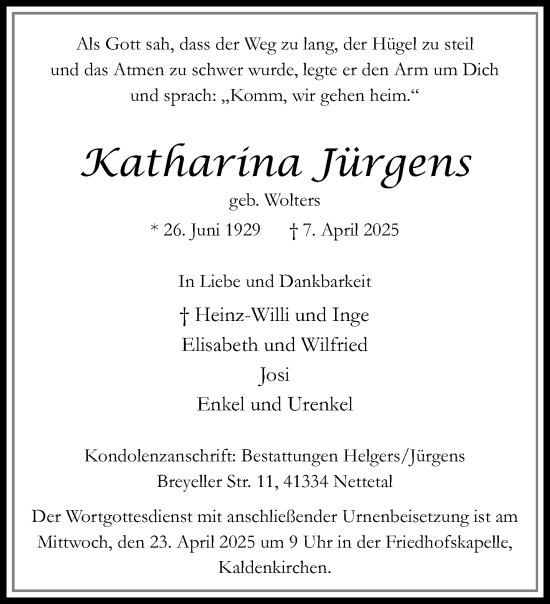 Traueranzeige von Katharina Jürgens von trauer.extra-tipp-moenchengladbach.de