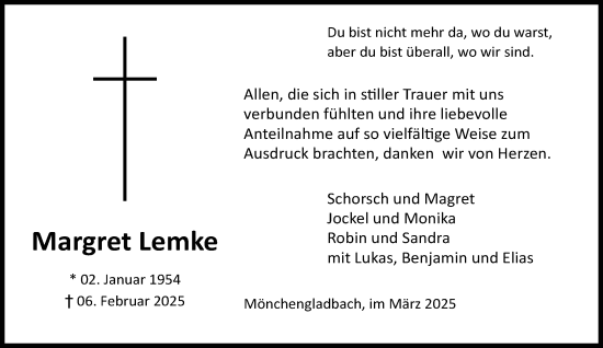 Traueranzeige von Margret Lemke von trauer.extra-tipp-moenchengladbach.de